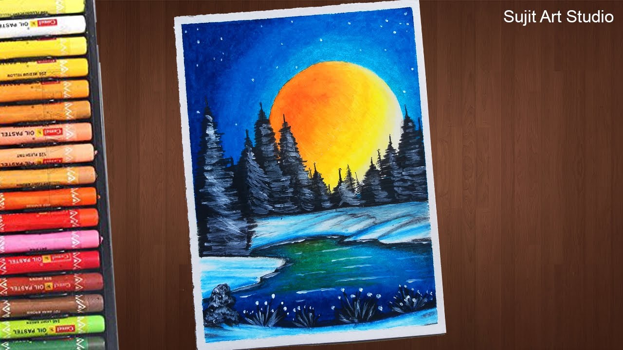 Easy Oil Pastels Drawing - Moonlight Night Scenery - Step by Step