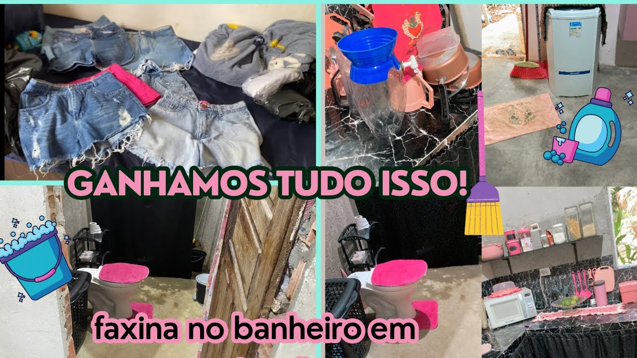 😍🥹GANHAMOS UM SACOLA COM SHORTS,1• FAXINA DO BANHEIRO EM CONSTRUÇÃO COM DIREITO A TAPETES NOVOS E +