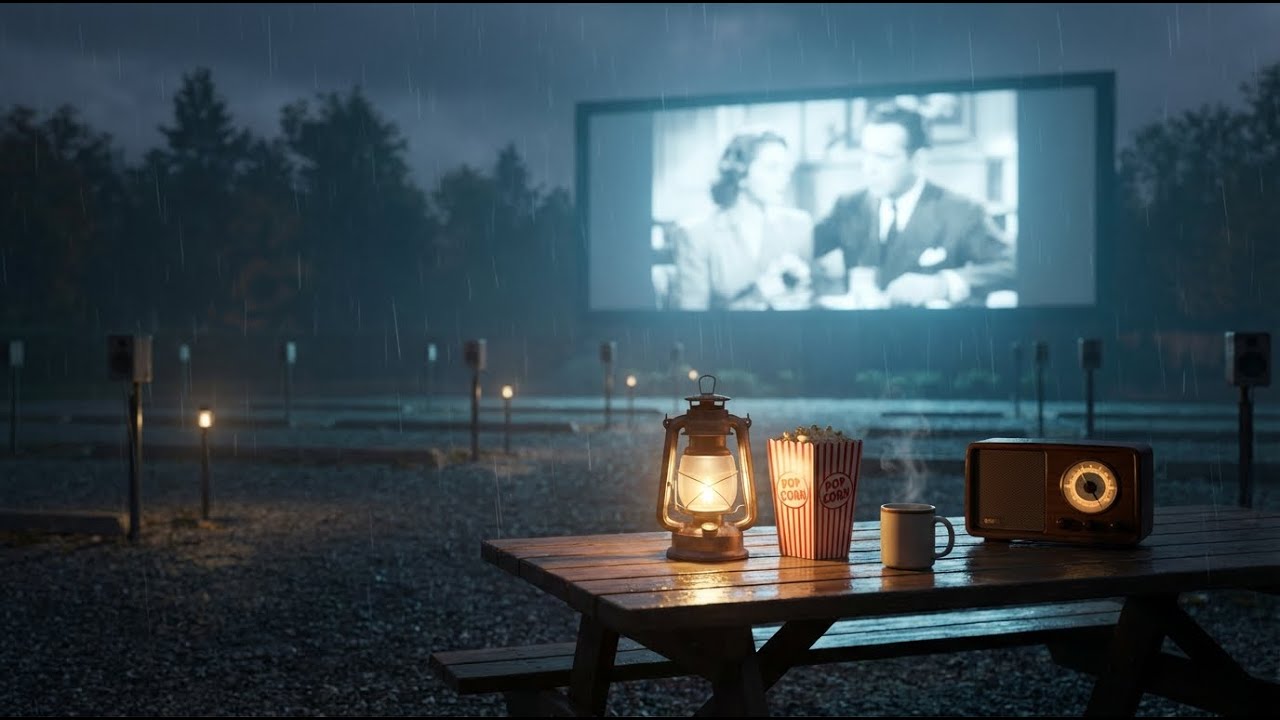 🌧️ Peaceful Rainy Night at a Vintage Drive-In – 🎶 Jazz Background