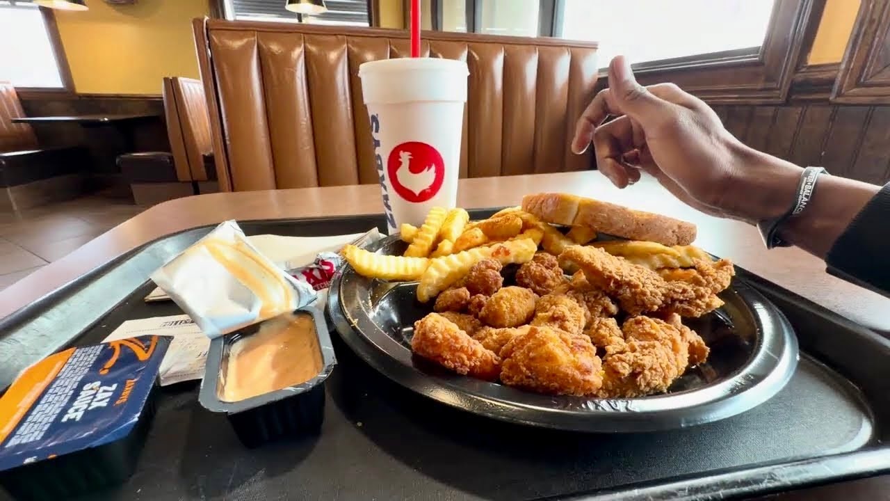 ZAXBYS POV SURF AND TURF WITH CRISPY SHRIMP CHICKEN STRIPS FRIES AND CHERRY GINGER-ALE 