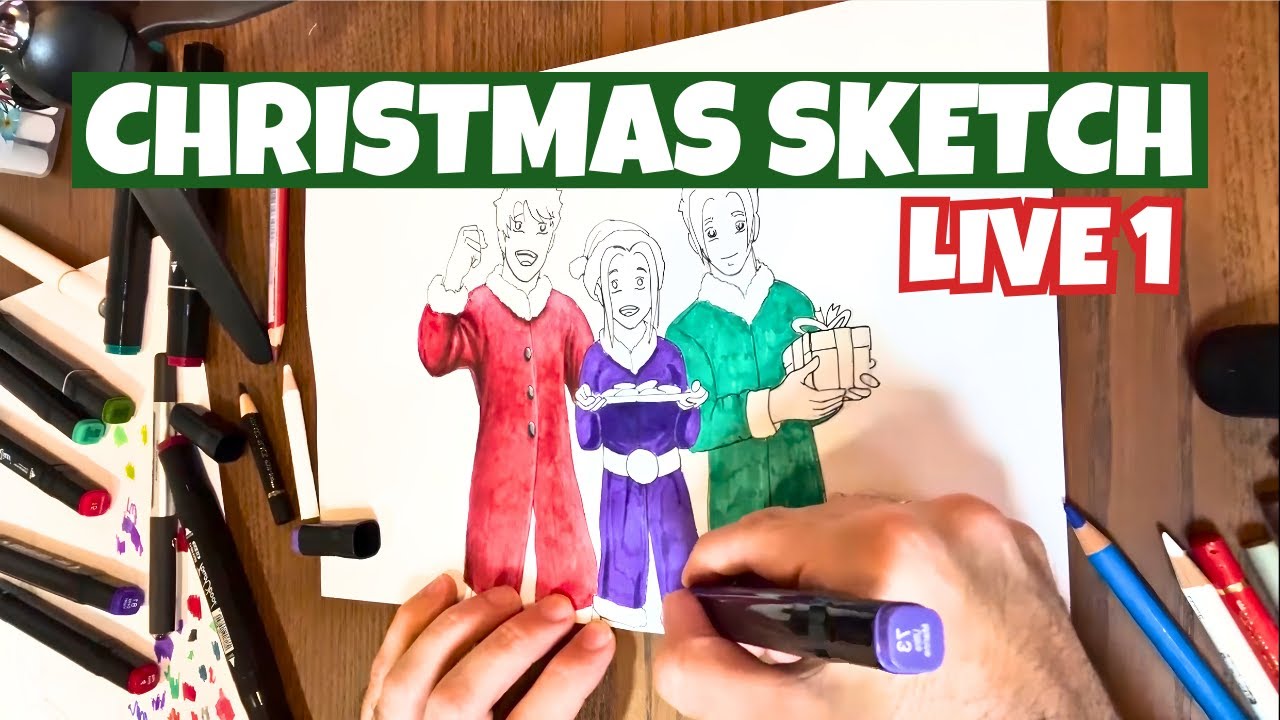 Live Manga Drawing 🎄 | Sketching a Christmas Scene with Kaio, Hina & Toni (Higher – Part 1)