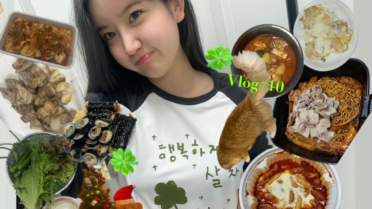 먹방Vlog|•행복하게살자 럭~키🍀(어묵김밥,한강라면,공룡닭발에주먹밥,엽기떡볶이먹고엽파게티에 대패삼겹살,엽기닭볶음탕,엽기데이,삼겹살,두부조림,애호박찌개,돼지바설빙,허니브레드)