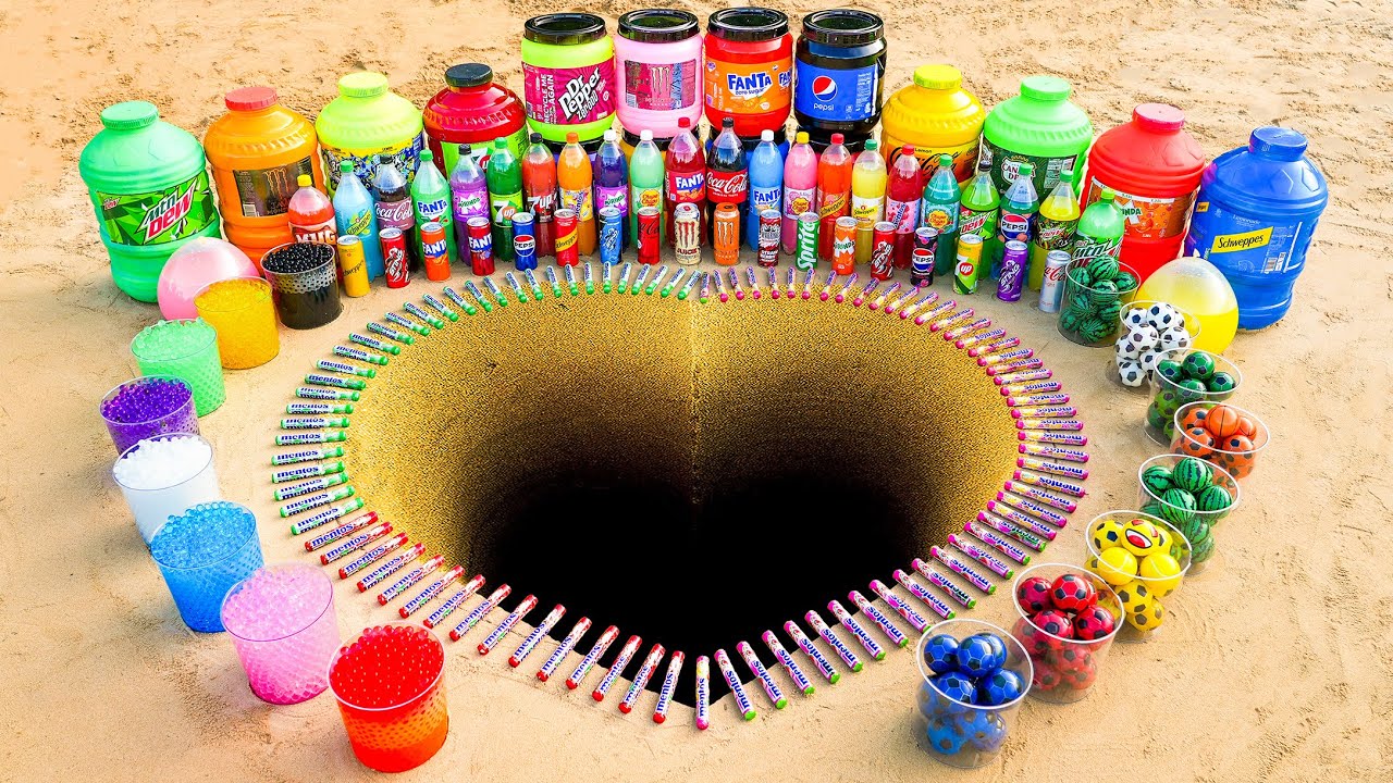 Big Toothpaste Eruption from Heart pit with Big Fanta, Monster, Balls & Coca Cola vs Mentos