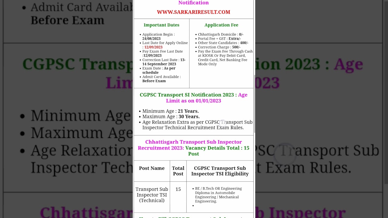 CGPSC Chhattisgarh Transport Sub Inspector TSI Technical Recruitment 2023 Apply Online for 15 Post