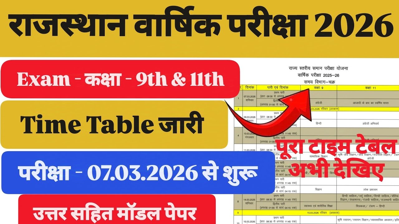 Rajasthan Annual Exam 2026 Class 9th & 11th Time Table Released Class 9th & 11th Annual Exam 2026