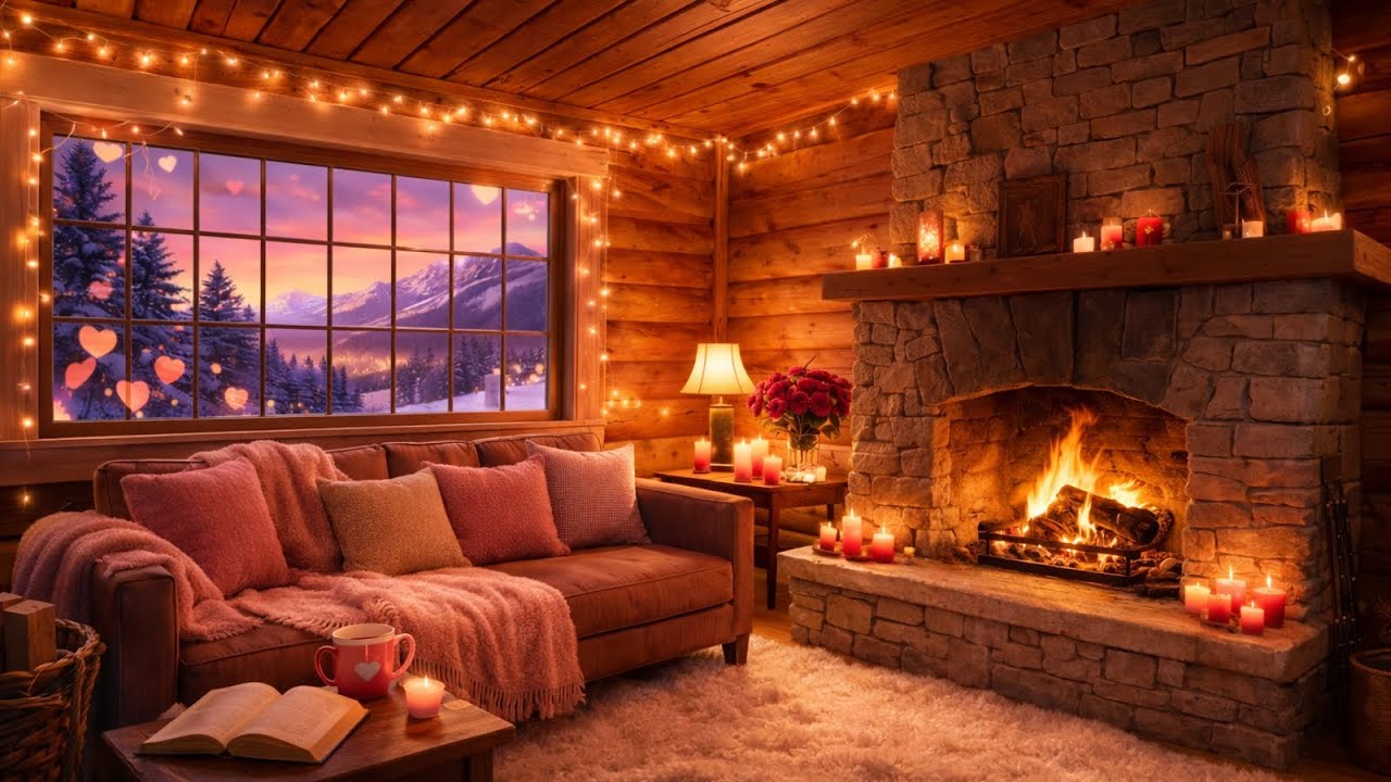 Romantic Valentine Ambience | Cozy Cabin Fireplace (Guitar)
