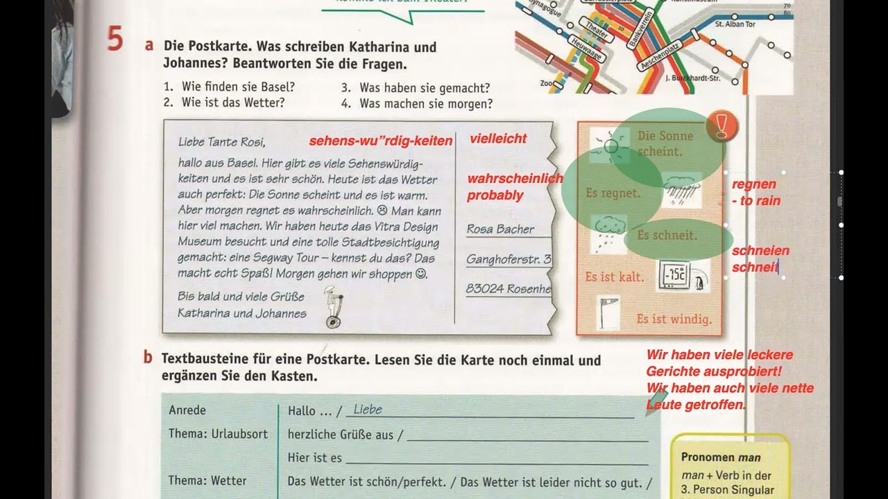 A1 Kapitel 12 Reise Postkarte (Learn how to write a travel postcard in German).