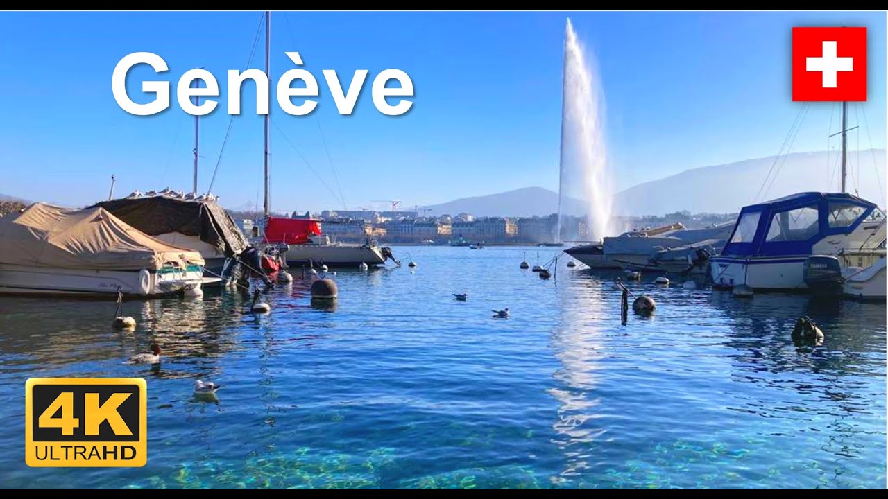 Geneva city - walking tour around the lake - Sunny Winter day 4K #switzerland #geneva #genève #swiss