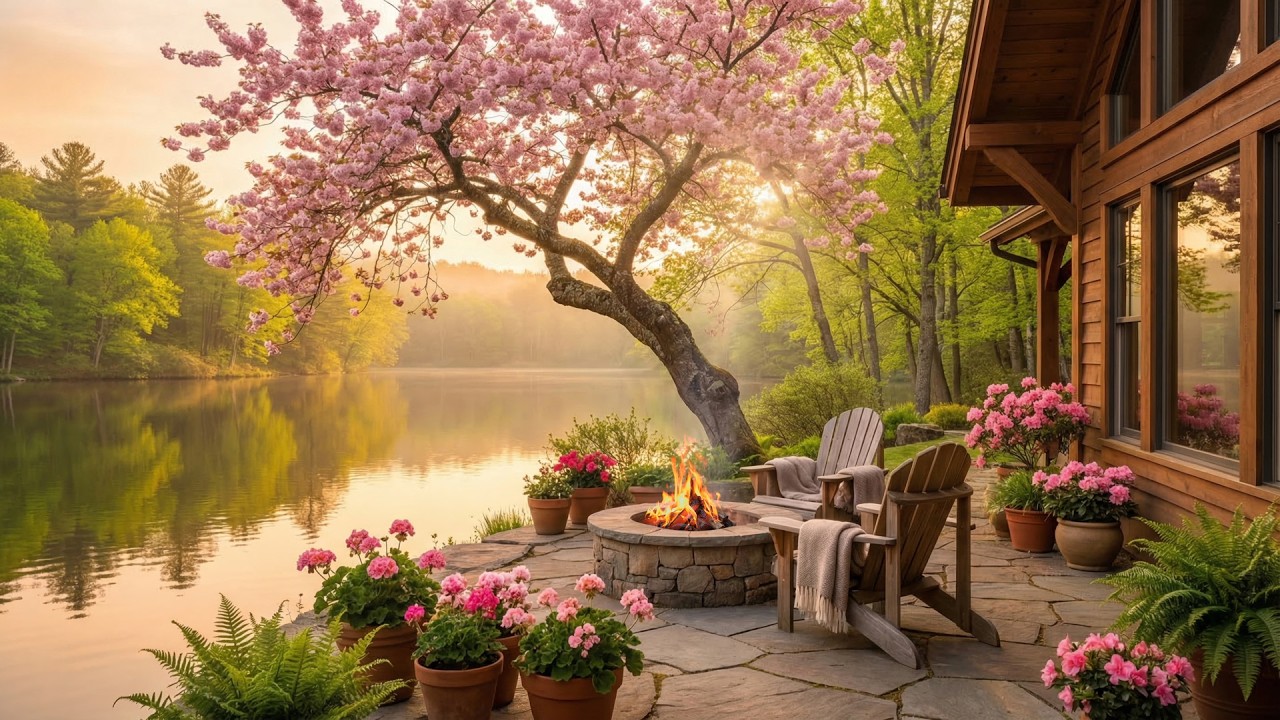You’ll Feel Instant Calm 🌸 Cozy Lakeside Cabin Porch with Warm Fire & Peaceful Nature
