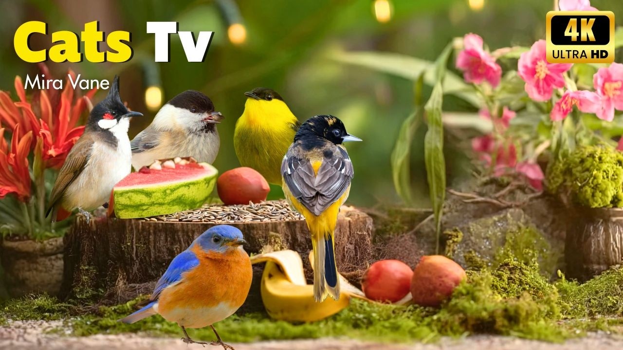 Purrfect Birdwatching 🐱🦜 A Vibrant Garden Filled with Birds to Keep Your Cat Relaxed and Engaged