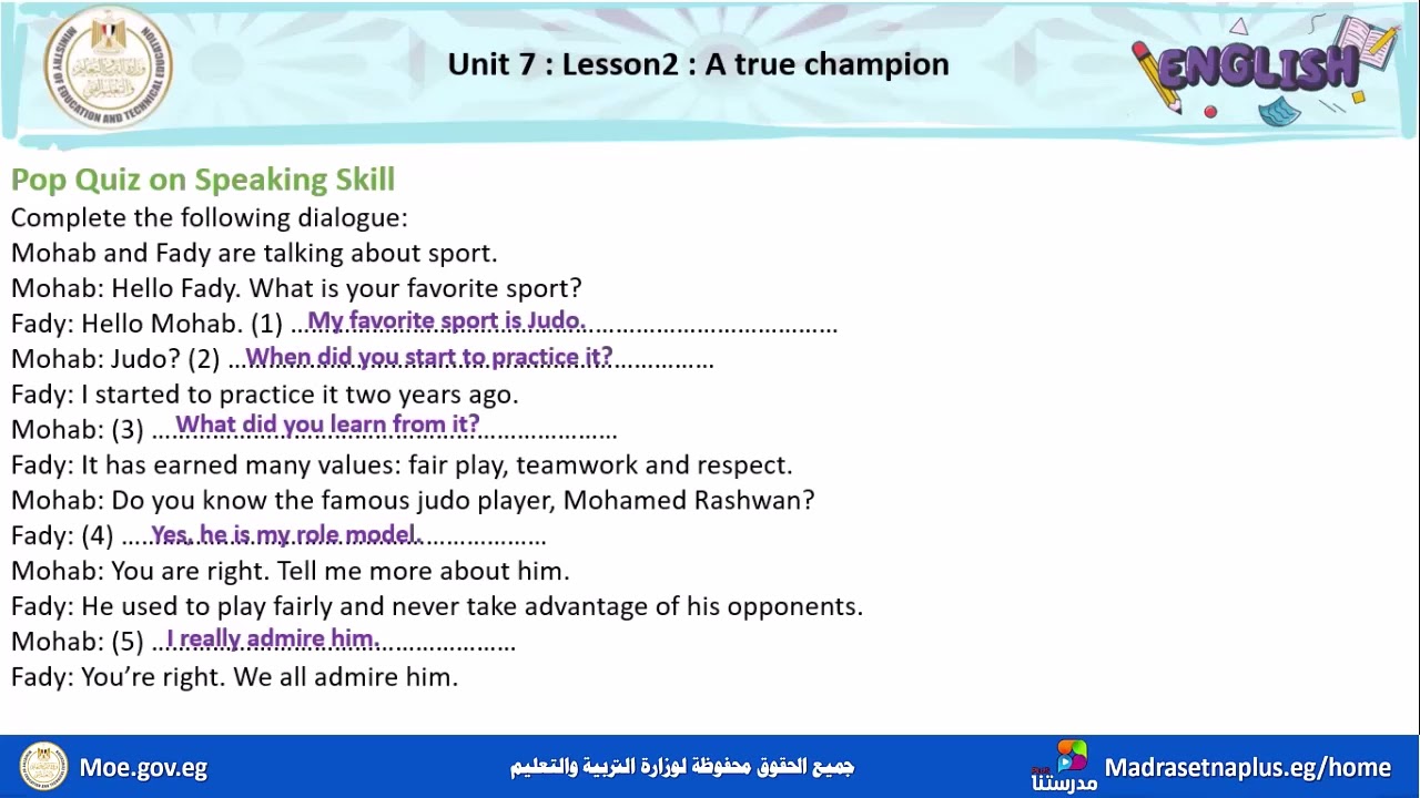 English Prep 3 Unit 7  Lesson 2 _ A True Champion Second term 2025 2026
