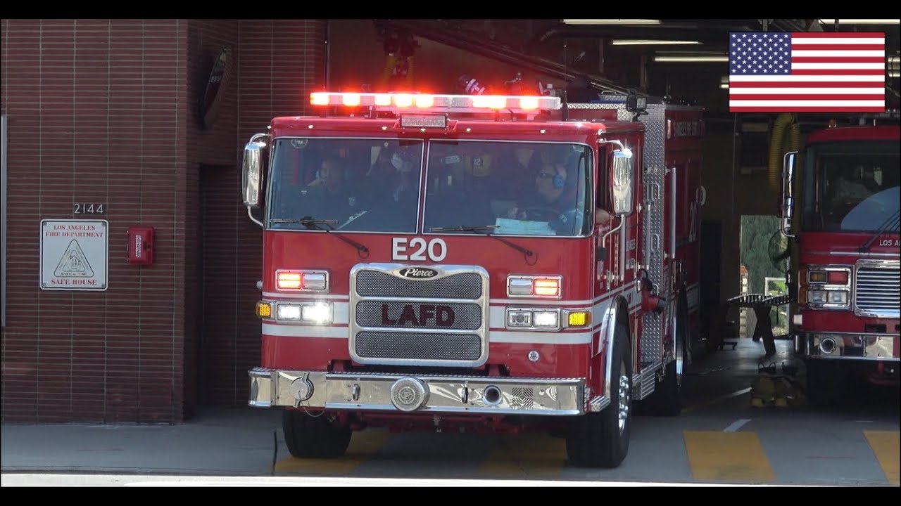 New LAFD Engine 20's fire truck responding with siren and lights
