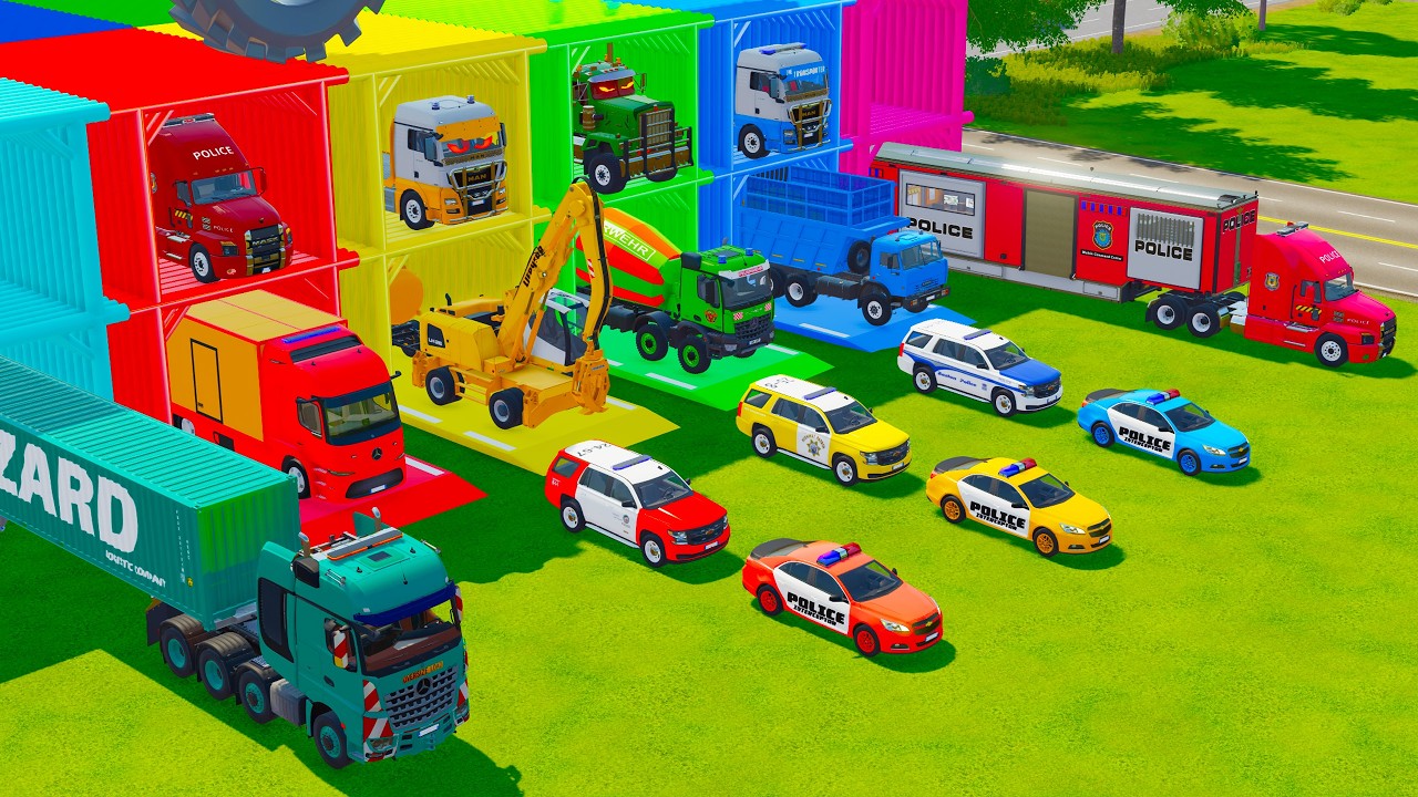 TRANSPORTING EMERGENCY VEHICLES, EXCAVATOR, FIRE ENGINE, DUMP TRUCK TO GARAGE - FS22