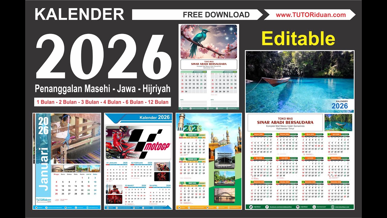 Free Download Kalender 2026 Editable Jawa Hijriyah 1,2,3,4,6,12 Bulan CorelDraw (CDR)