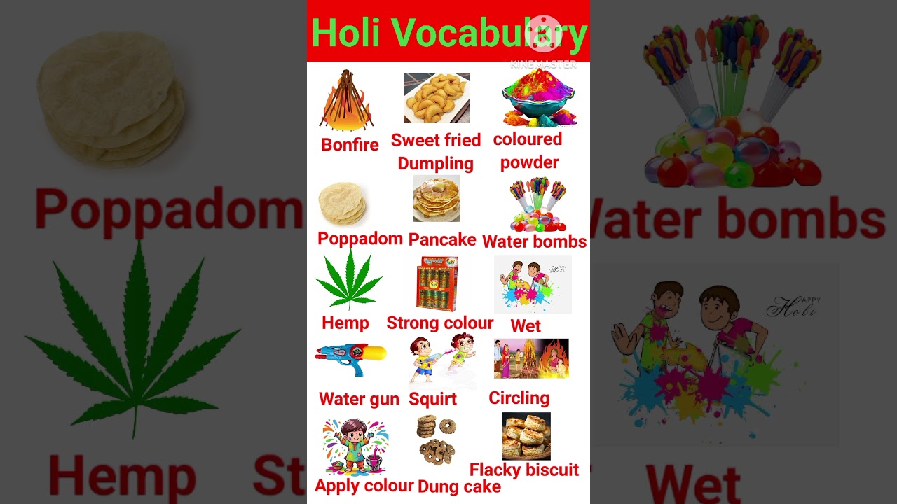 Holi vocabulary #holi realated words in english with picture #study #short video #holi items name