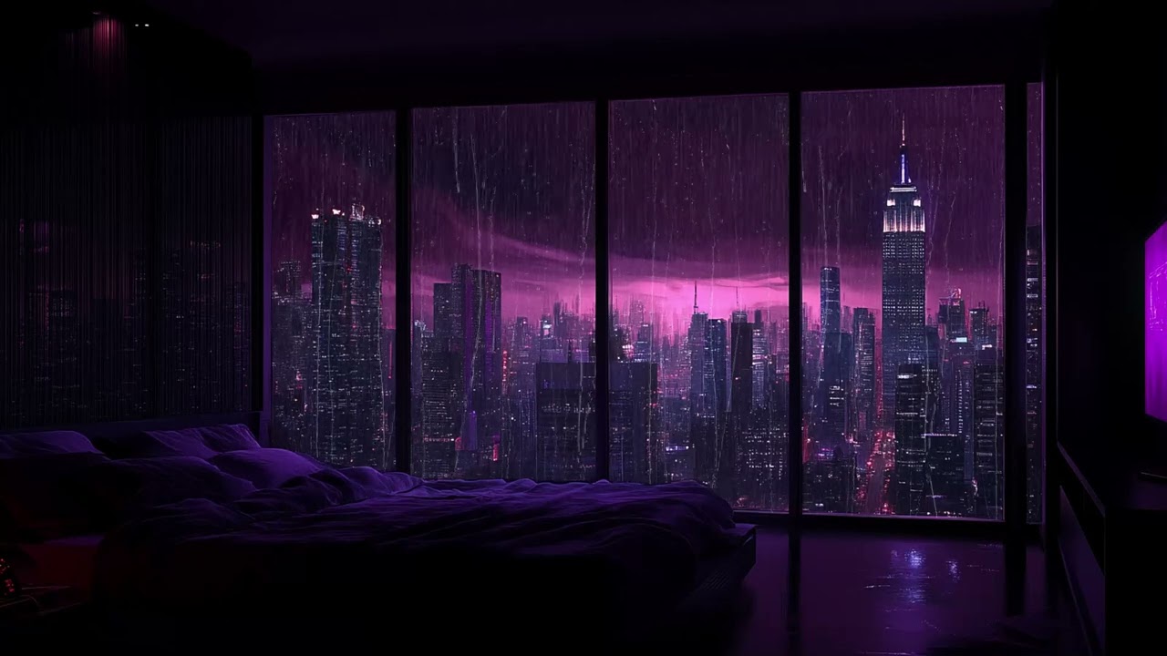 Luxury NYC Apartment at Night 🌧️ Cozy Bedroom, Neon City Glow & Relaxing Rain Sounds