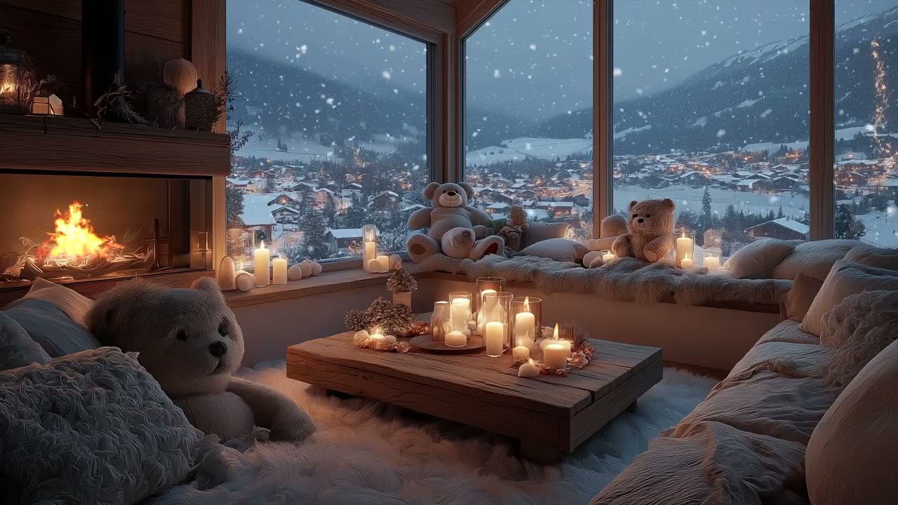 Warm Fireplace & Soft Piano Relaxing Holiday Ambience with Snowfall for Stress Relief and Sleep