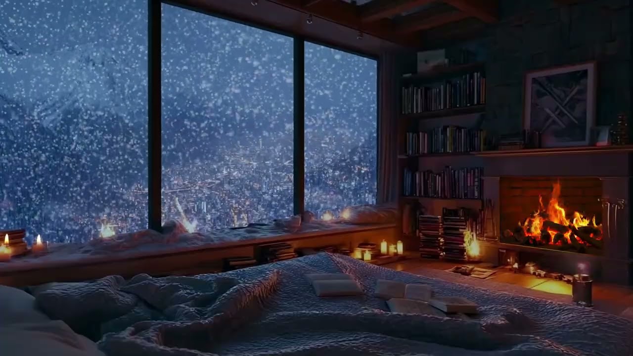 Winter Cabin Night: Soft Embers and Snowfall for Deep Relaxation