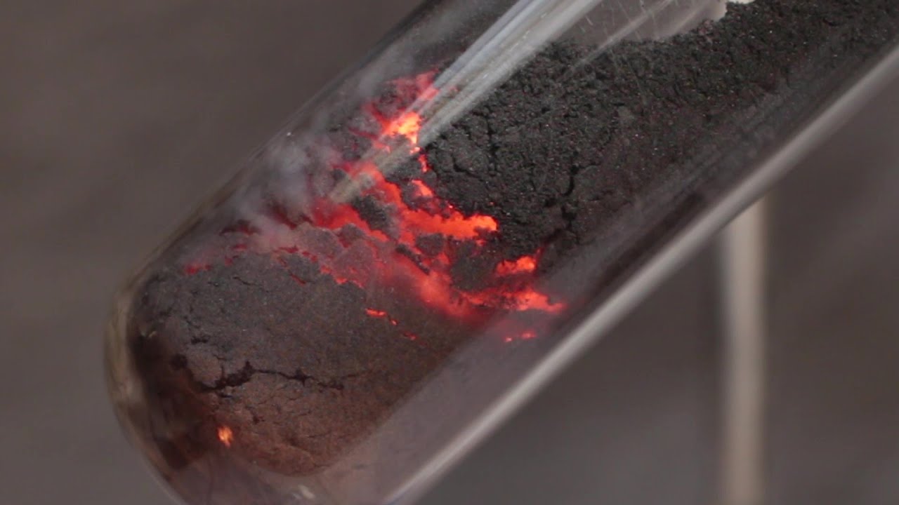 Reduction of copper (II) oxide by carbon; 2CuO + C = 2Cu + CO2