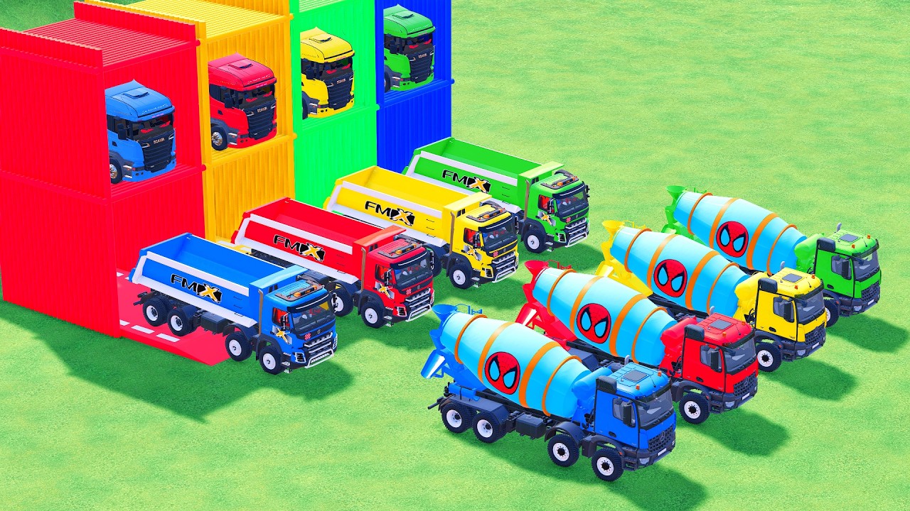 Garage with Colors - ALL MIXER TRUCK WITH DOUBLE FLATBED TRAILER TRUCK, SCANIA, MACK #92 - FS22