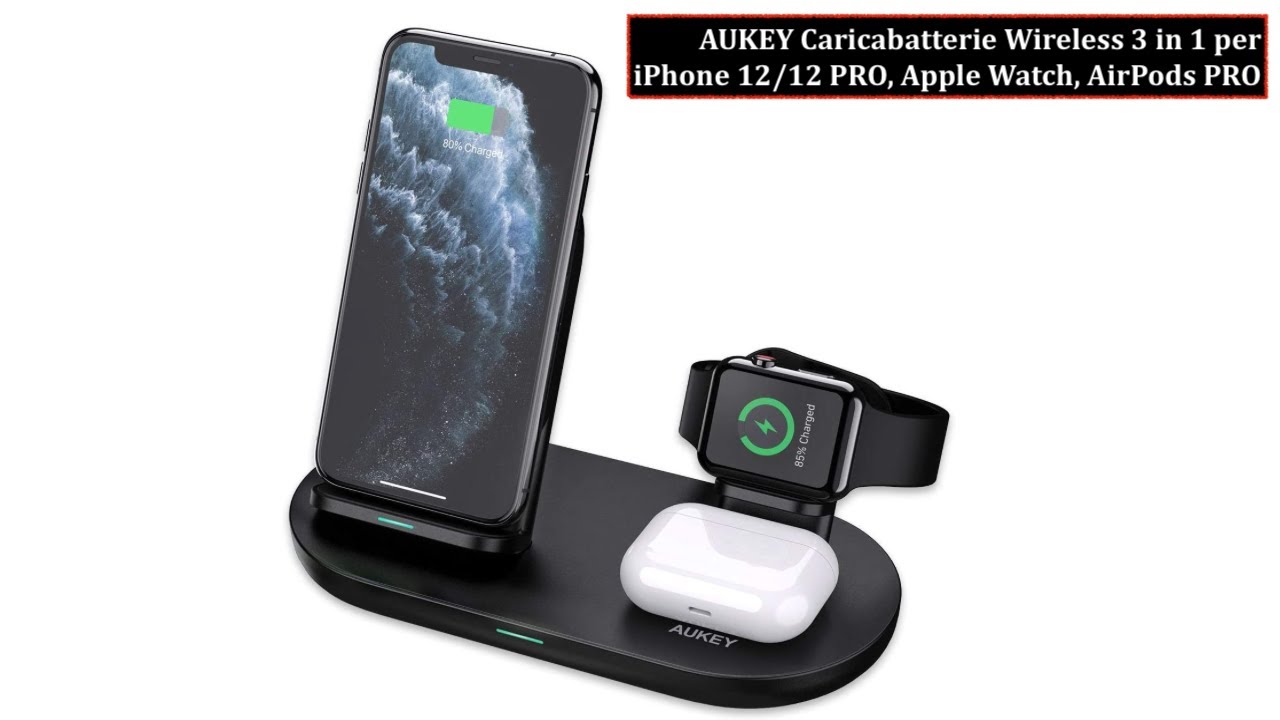 AUKEY Caricabatterie Wireless 3 in 1 per iPhone 12/12 PRO, Apple Watch, AirPods PRO