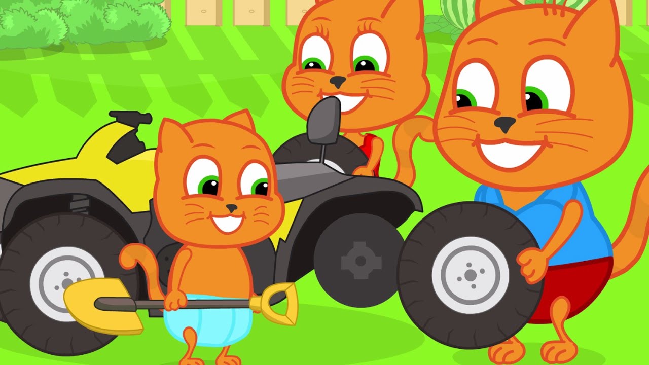 Família de Gatos - Trator de jardim Desenho Animado em Português Brasil