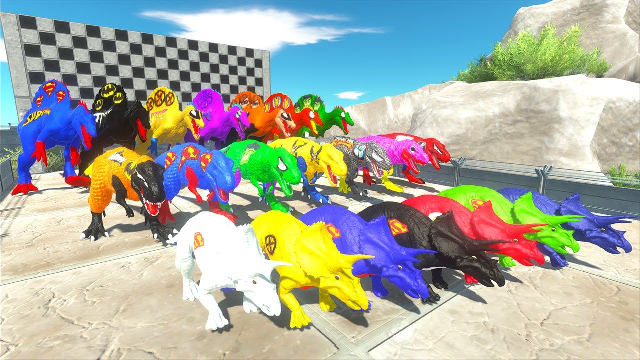 7 T-rex vs Spino vs Triceratops Superheroes Dc Marvel Speed Race Championship Hunting Found Jurassic