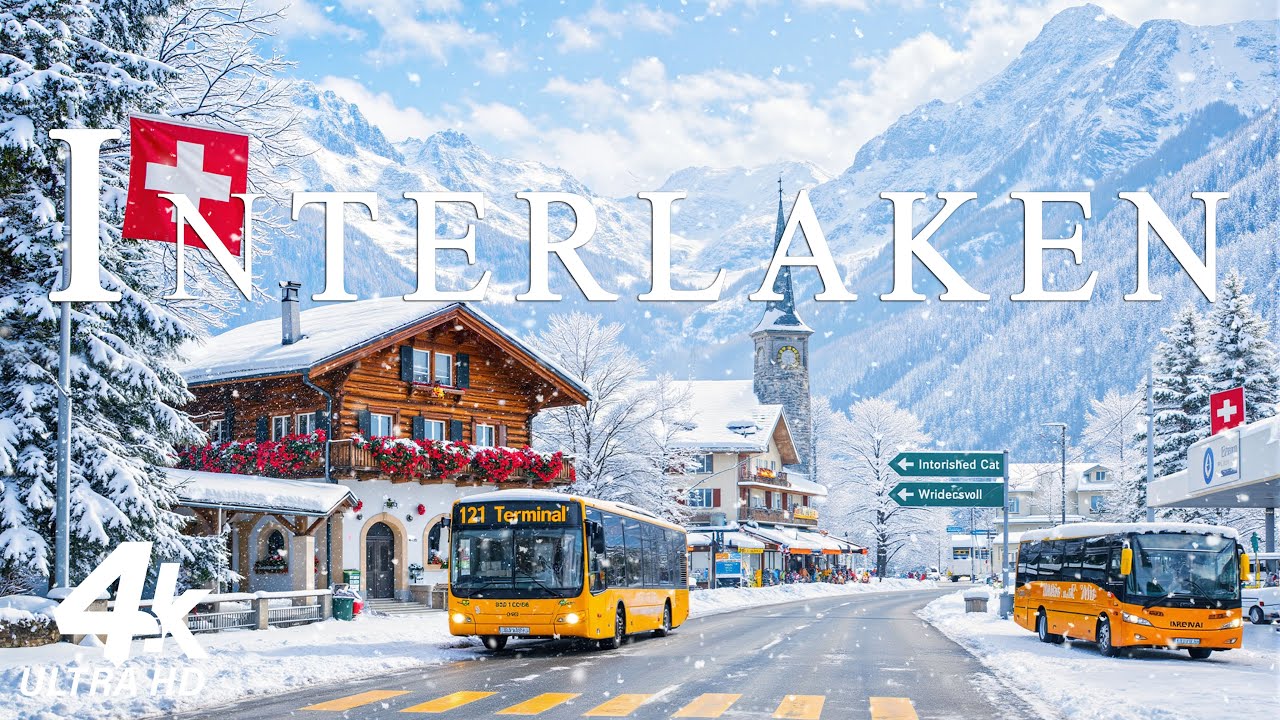 Зимний Интерлакен 4K ❄️ Заснеженная швейцарская деревня, Альпийские озера