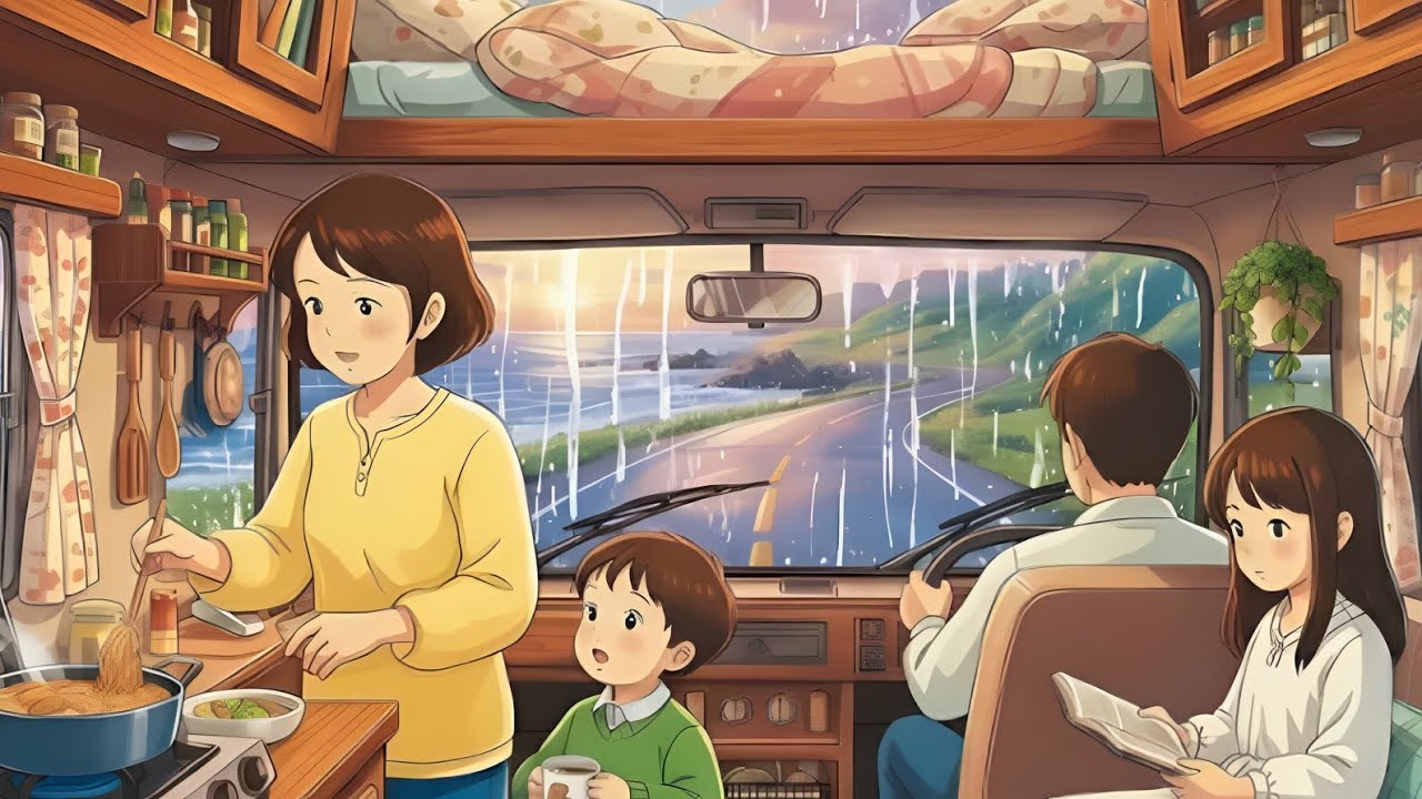 A Rainy Day in Our Mobile Home: CozyMoments Together | Ghibli-Style Video