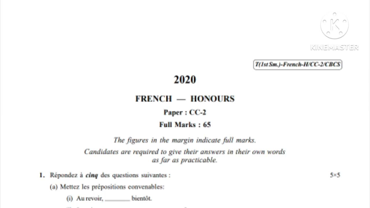 CU French Honours CC-2 (1st Sem 2020) Question Paper//