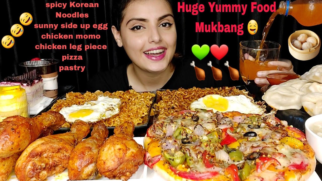 Eating Korean Spicy Noodles, Momo,Pizza,Chicken Leg Piece,Pastry,Streetfood Mukbang,Big Bites,ASMR