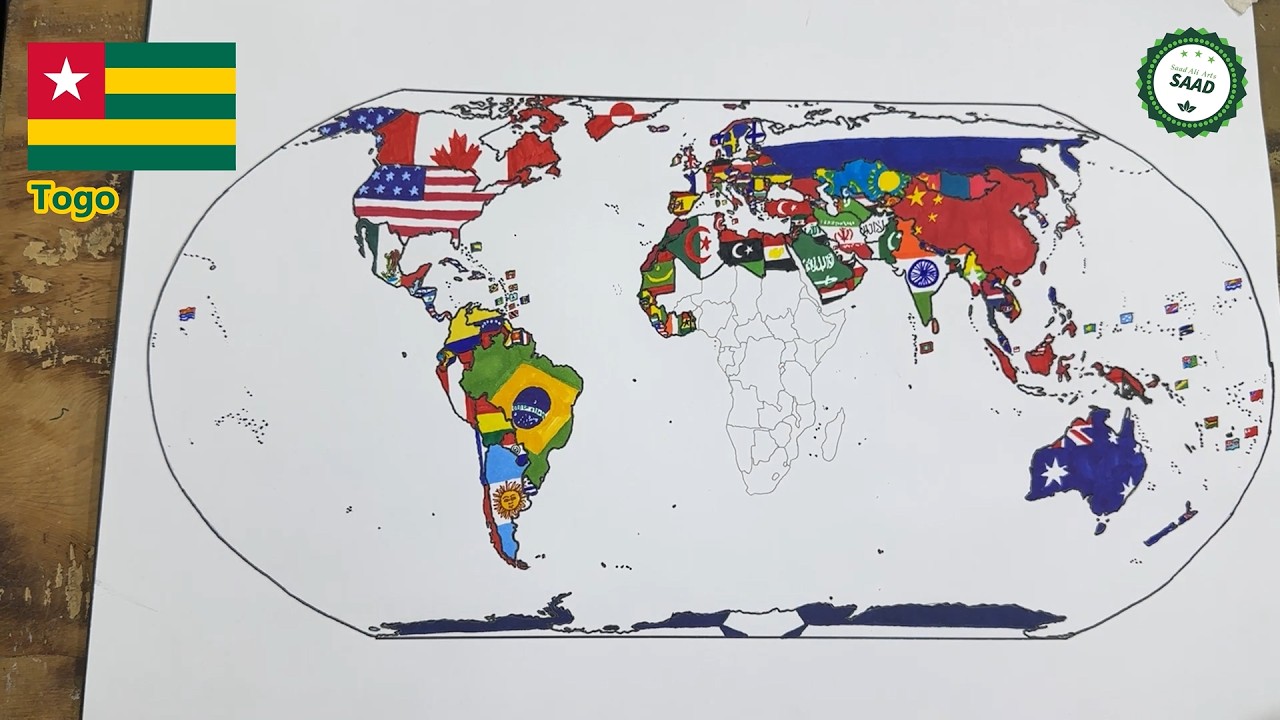 Drawing World flag map | Equal projection World flag map drawing