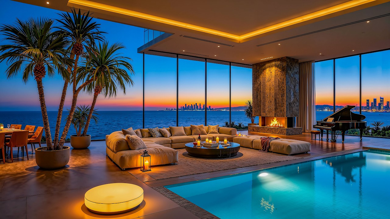Coastal Sunset Jazz Vibes | Elegant Apartment with Smooth Jazz Music & Fireplace for Relaxation