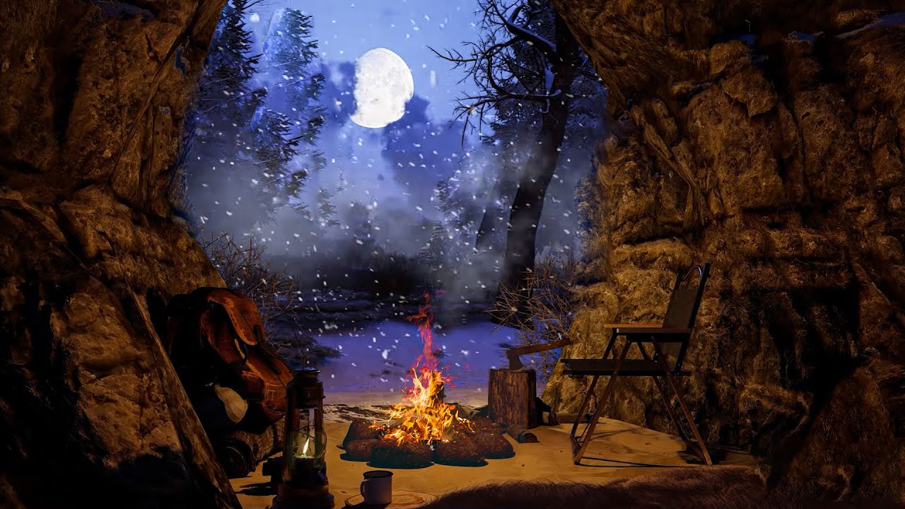 Spend the Night in Warm Cozy Forest Cave-While the SnowStorm is raging #caveambience #winterambience