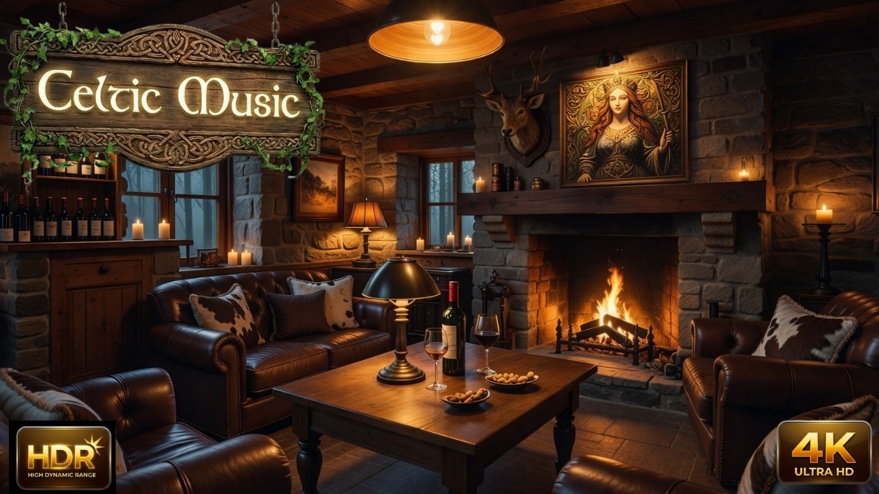 Cozy Scottish Fireplace Atmosphere , Warm Irish Pub 4K | Chill Celtic Music for Study Sleep Reading
