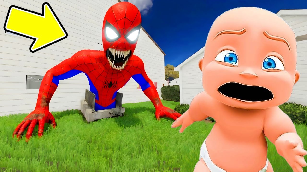 Baby Escapes EVIL SPIDERMAN IN DADDY’S BASEMENT!