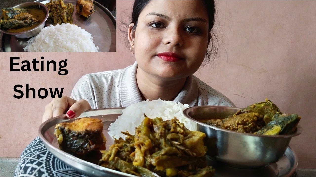 Eating Show- Rice, Pui Shak Chorchori, Fish Fry, Magur Macher Jhol।।Eating Rice with Pui Shak।।