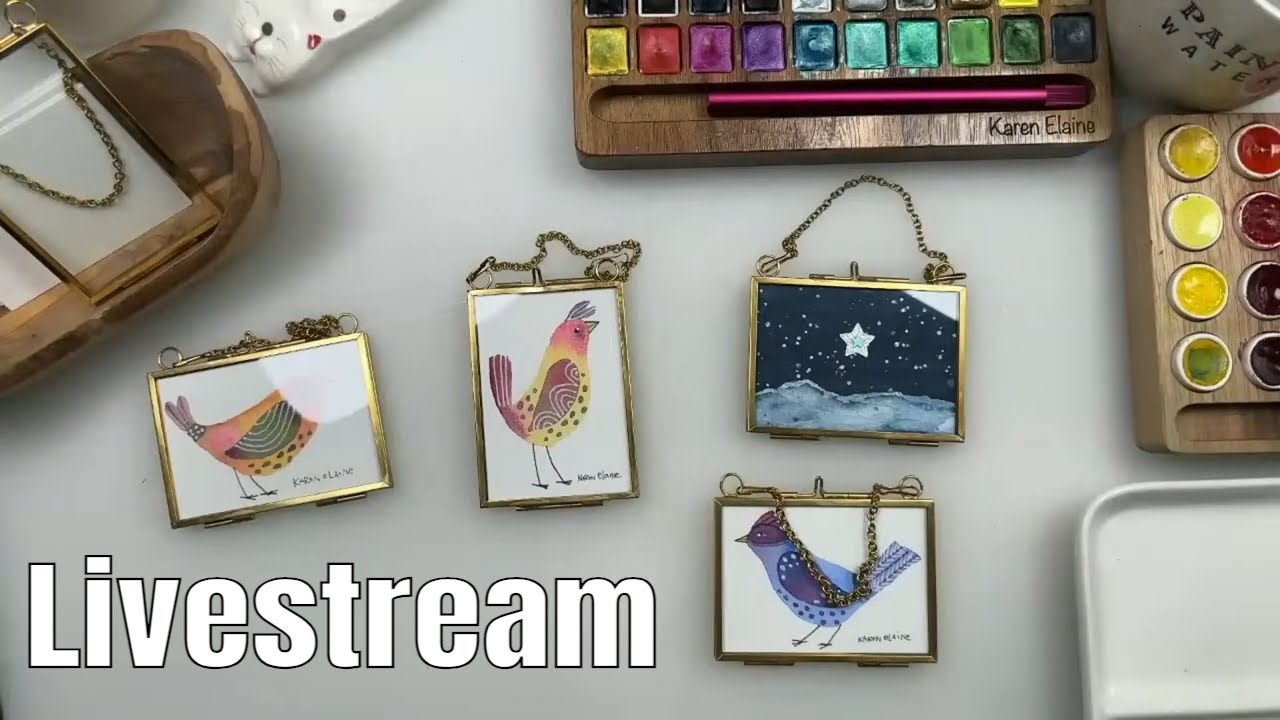 Tiny Watercolor Landscapes and Birds in Brass Frames.