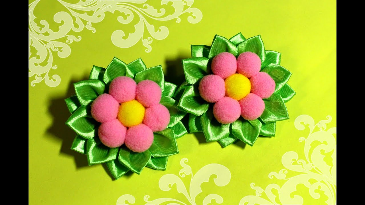 БЫСТРО и НАРЯДНО! заколки канзаши с цветами из помпонов