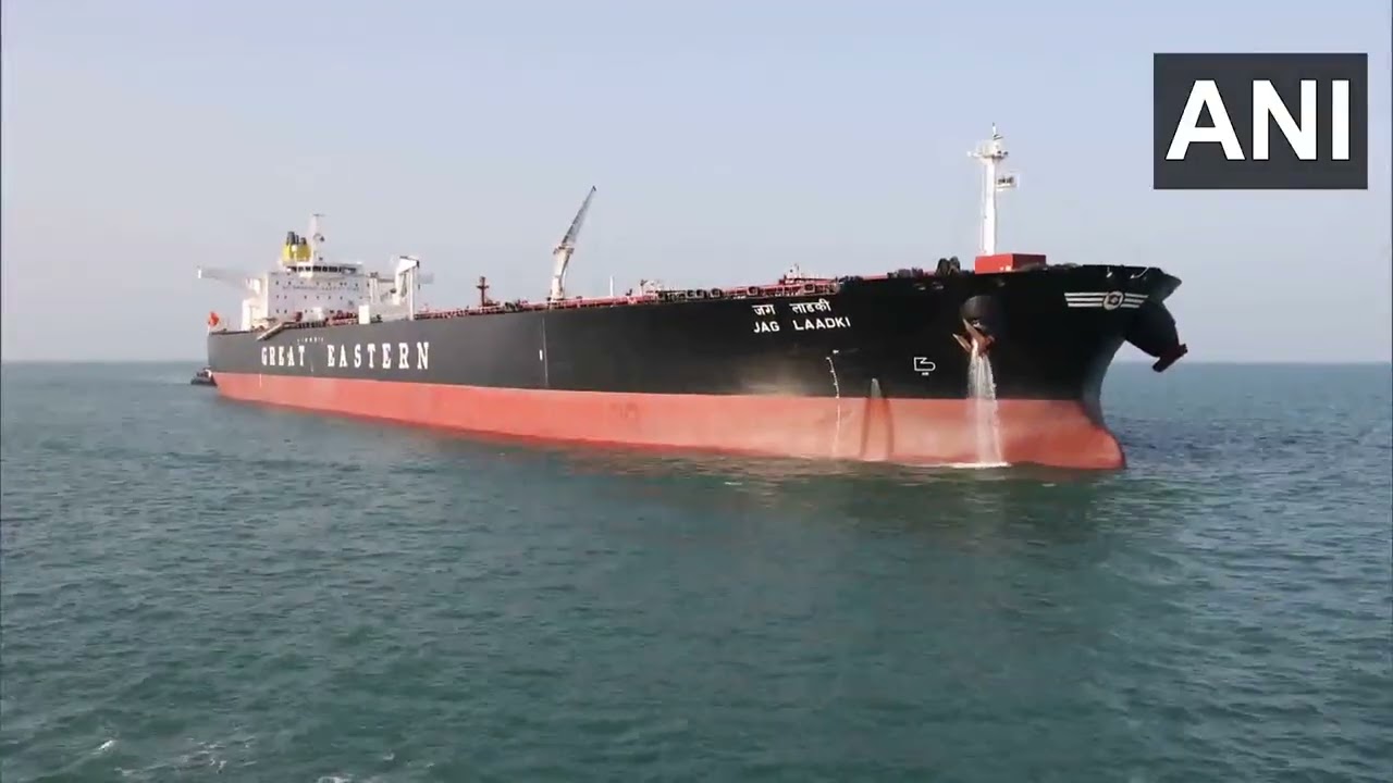 #WATCH | The Indian-flagged crude oil tanker 'Jag Laadki' arrived at Adani Ports Mundra in Gujara