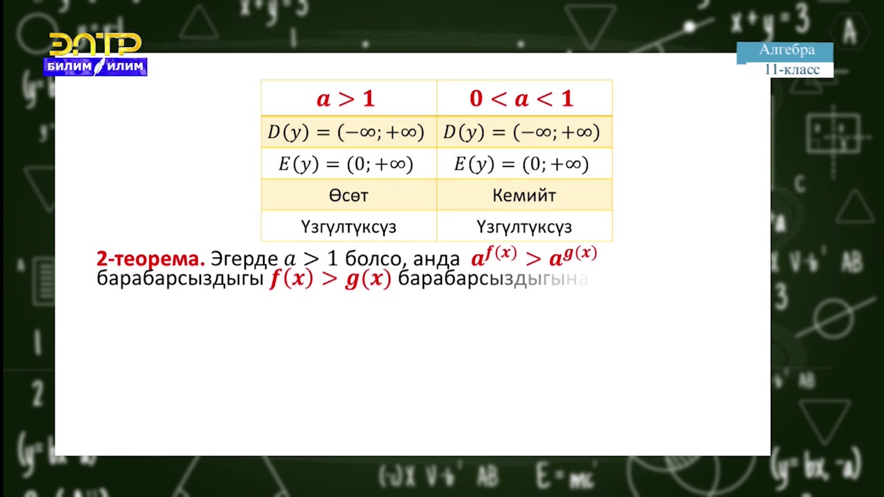 11-класс | Алгебра | Көрсөткүчтүү теңдемелерди жана барабарсыздыктарды чыгаруу