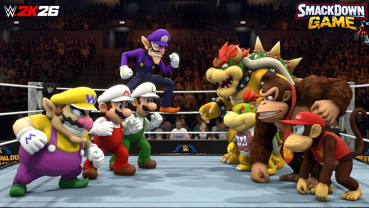 Super Mario Battle Royale | Mario, Luigi, Wario & Waluigi vs Bowser, Bowser Jr, DK & Diddy Kong!