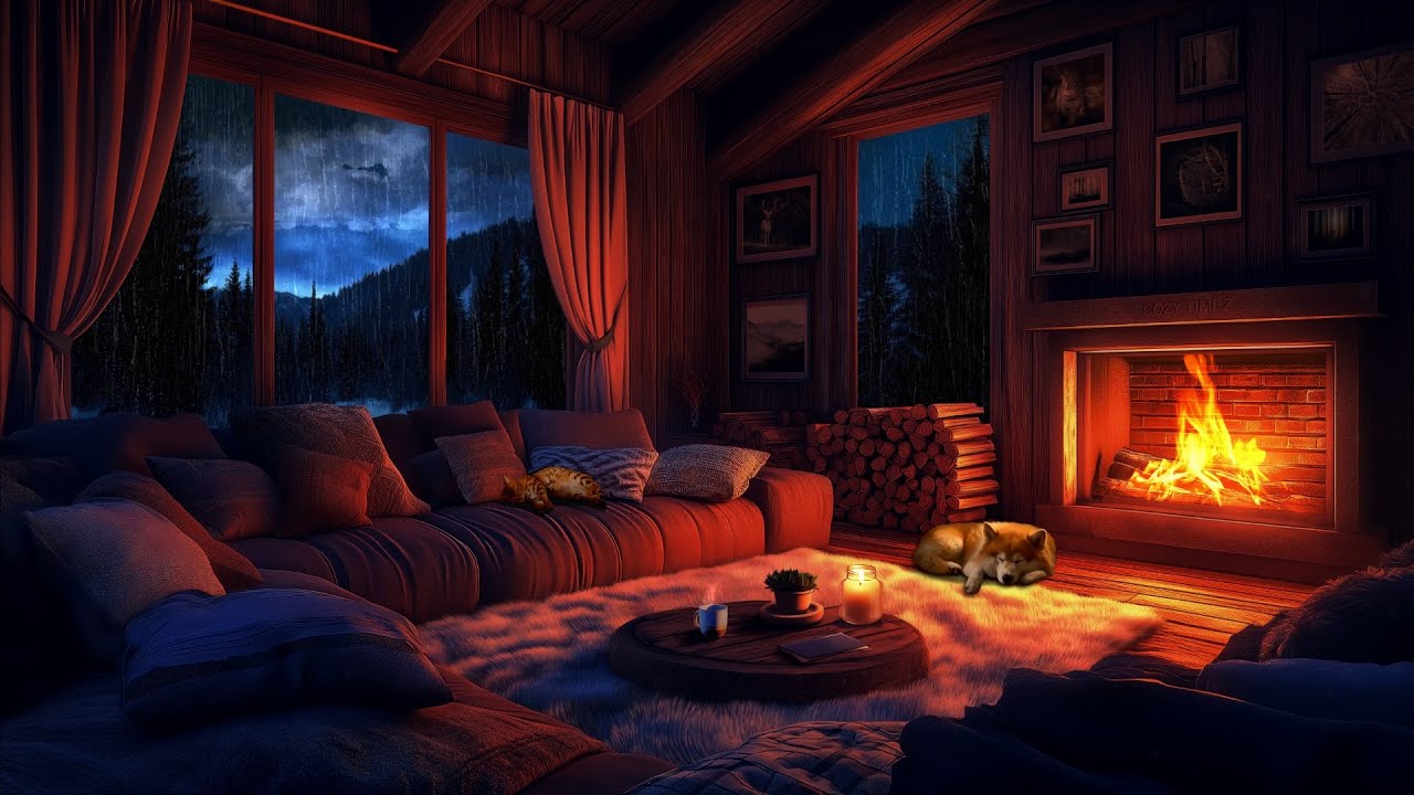 Thunderstorm Night & Crackling Fireplace | Cozy Sofa, Sleeping Cat & Rain Sounds