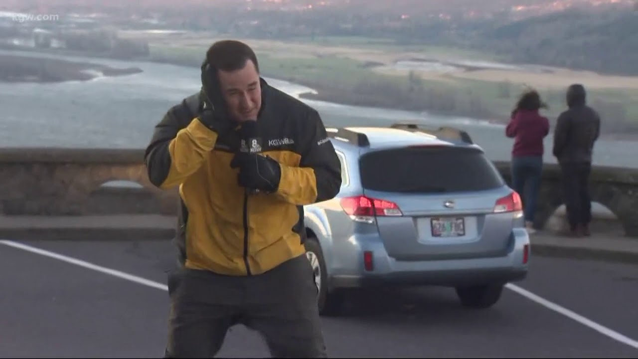 KGW's Brian Brennan blown by heavy winds at Crown Point Vista House