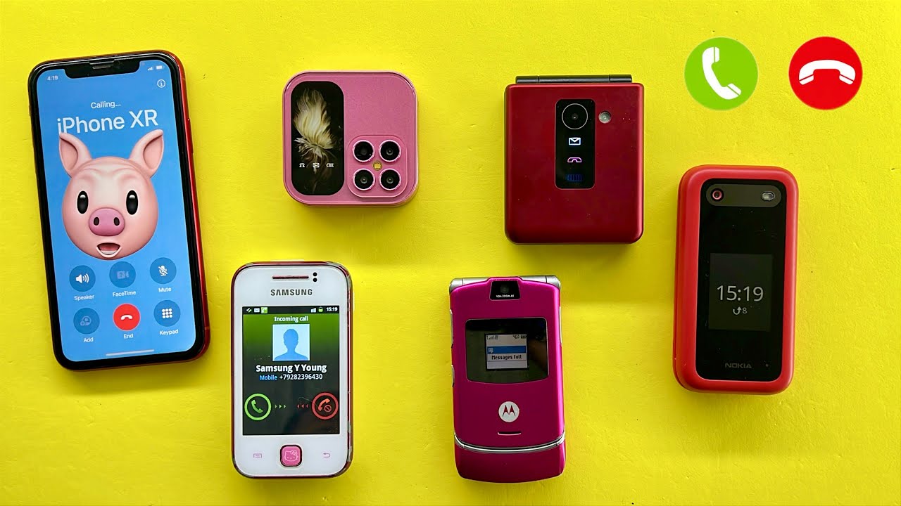 Outgoing Call From iPhone Xr on Samsung Hello Kitty + i17pro + Motorola RAZR V3i + BQ POCKET + Nokia