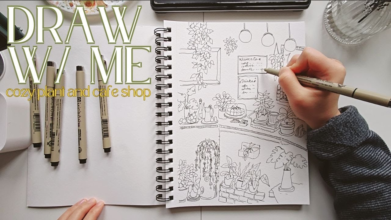 Drawing a Plant & Cafe Shop with Micron Pen | 30 Mins Real Time Art Process with Ambient Music