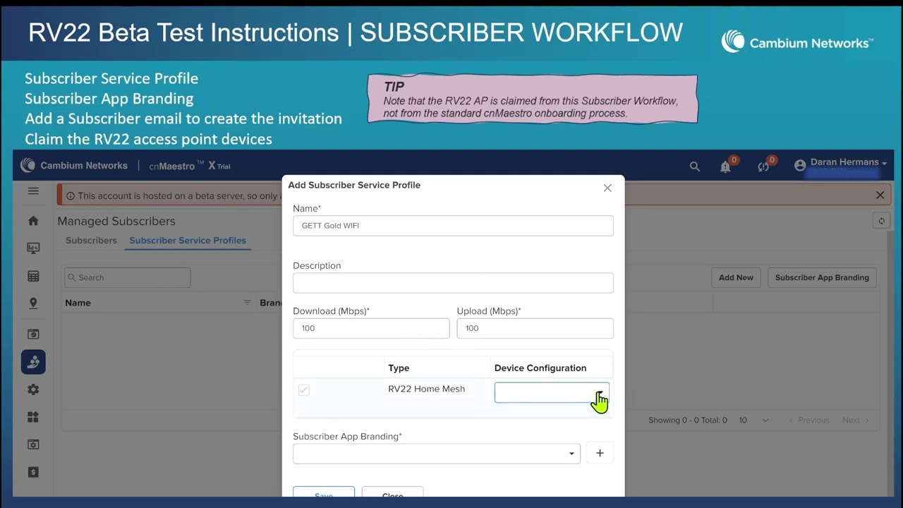 RV22 Wi-Fi 6 Home Mesh Router Subscriber Workflow