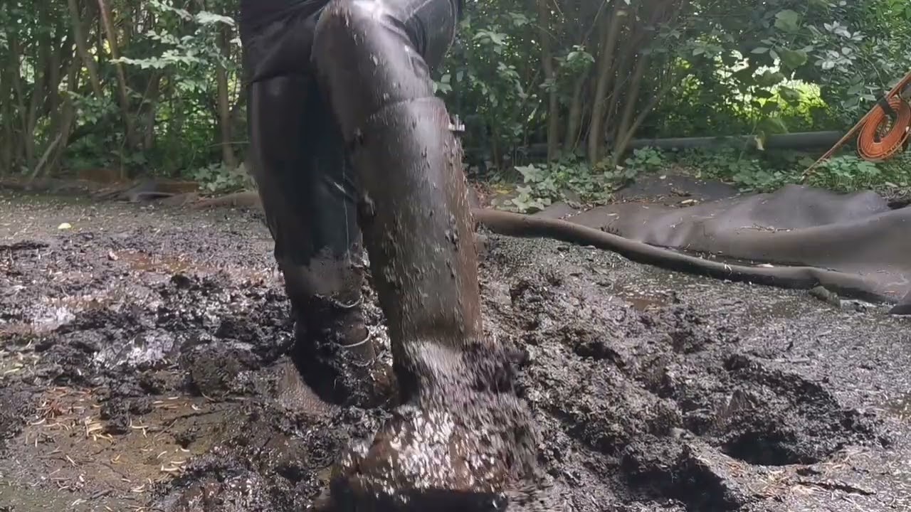 Latex Legging and riding boots in mud