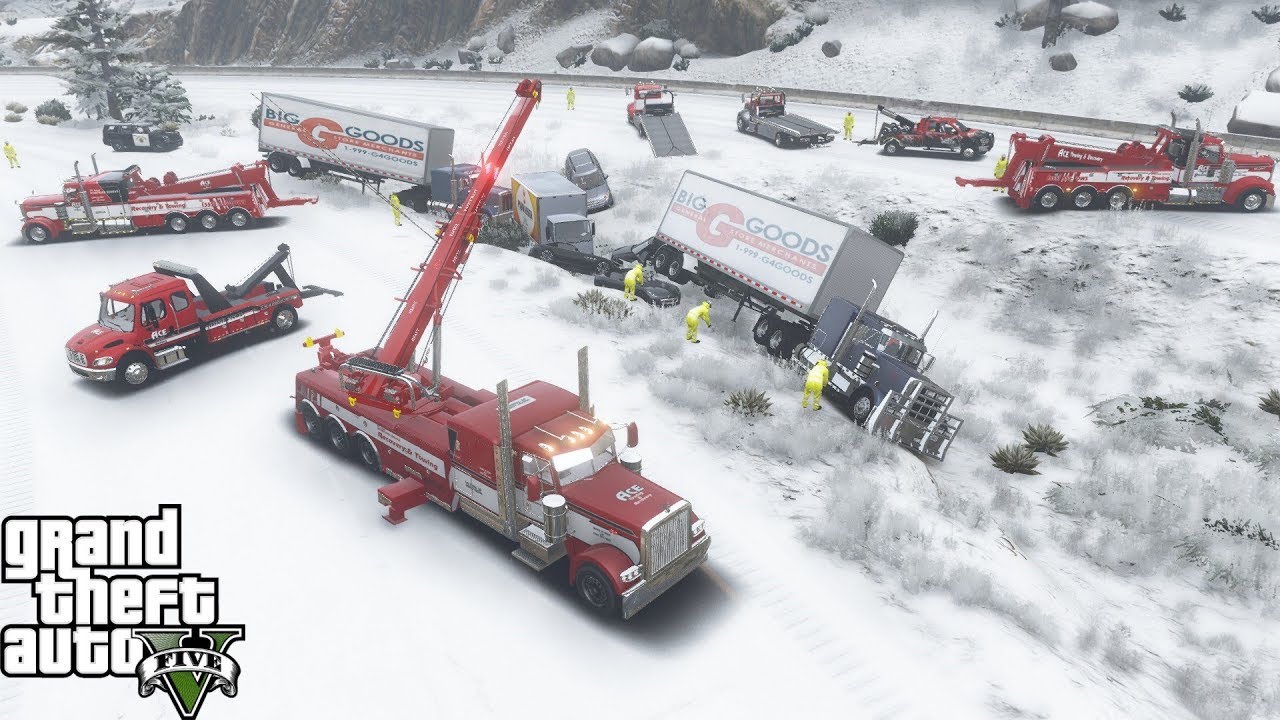 GTA 5 Real Life Mod #231 Ace Towing Responds To A 20 Car Chain Reaction Pile Up Crash In The Snow