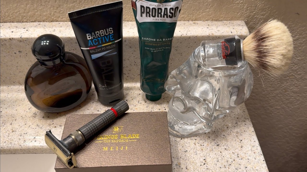 Vikings Blade Emperor Meiji Safety Razor. Proraso Soap, Barbus 2-1 Balm & Halston 1-12 Cologne.